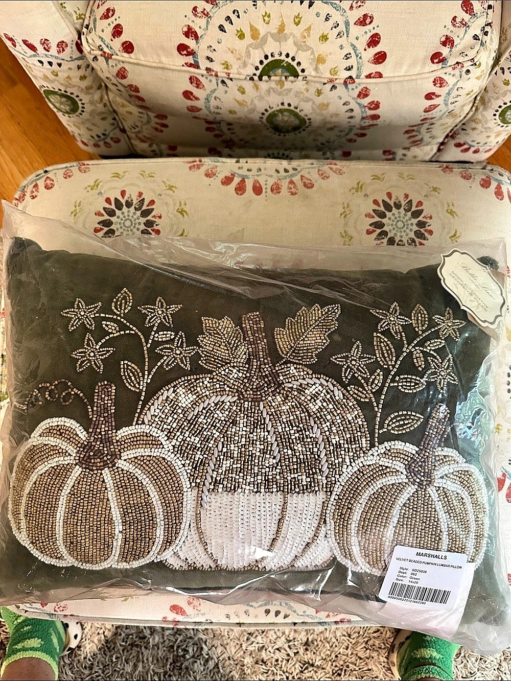 Bella Lux Velvet Beaded Pumpkin Lumbar Pillow Beaded Pumpkin Pillow Green